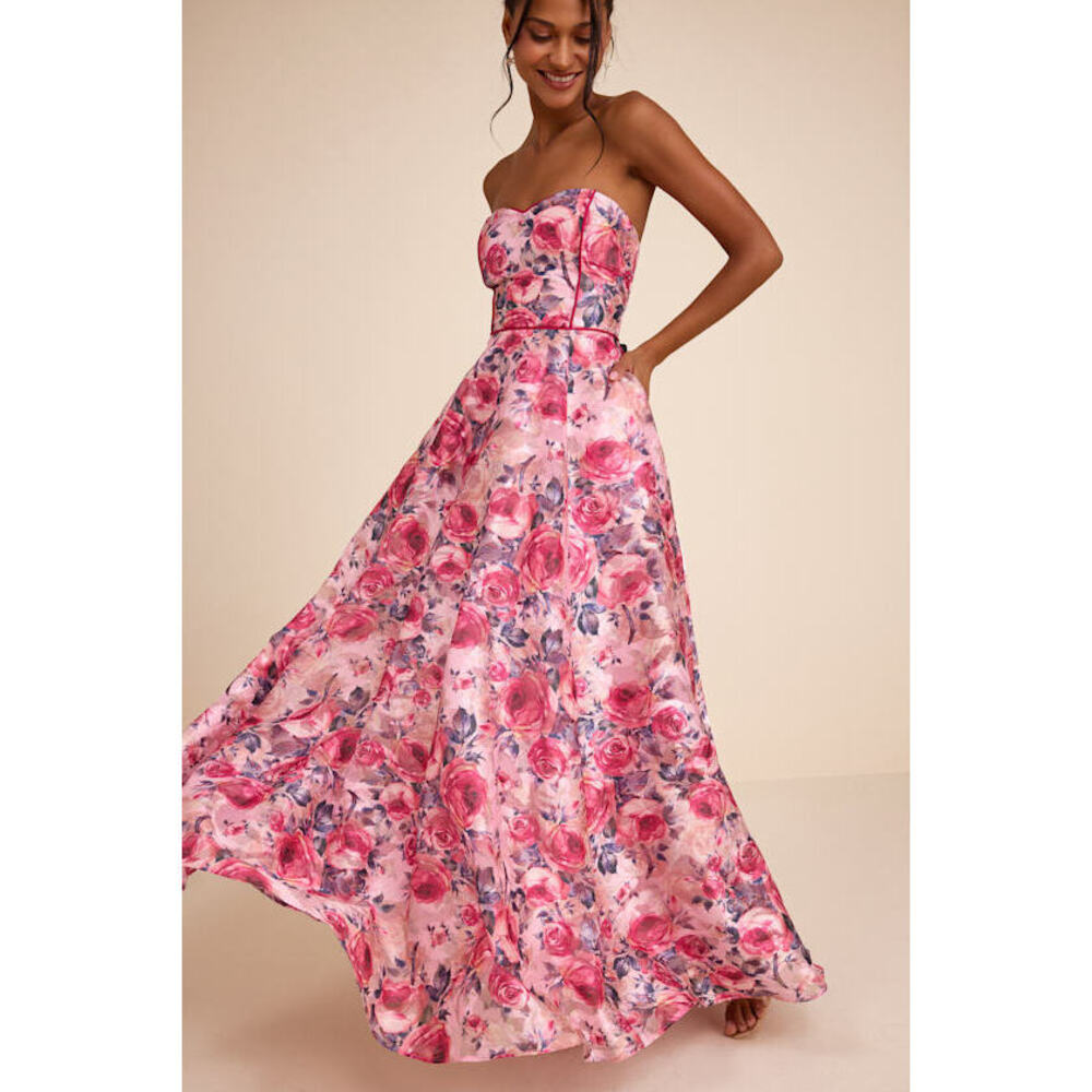 Lulus Avaia Pink Floral Strapless Maxi Dress - Size M